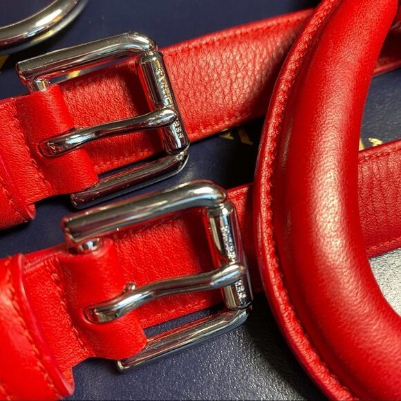 Ralph Lauren Made in Italy Red Calf Leather Silver Tone 2 Buckle Tri-Strap Belt main image 14